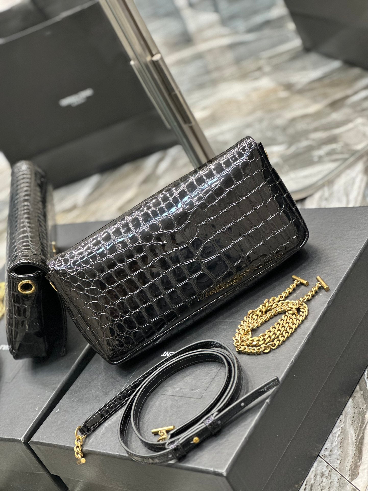 Bolso con cadena Kate 99 Cocodrilo Negro