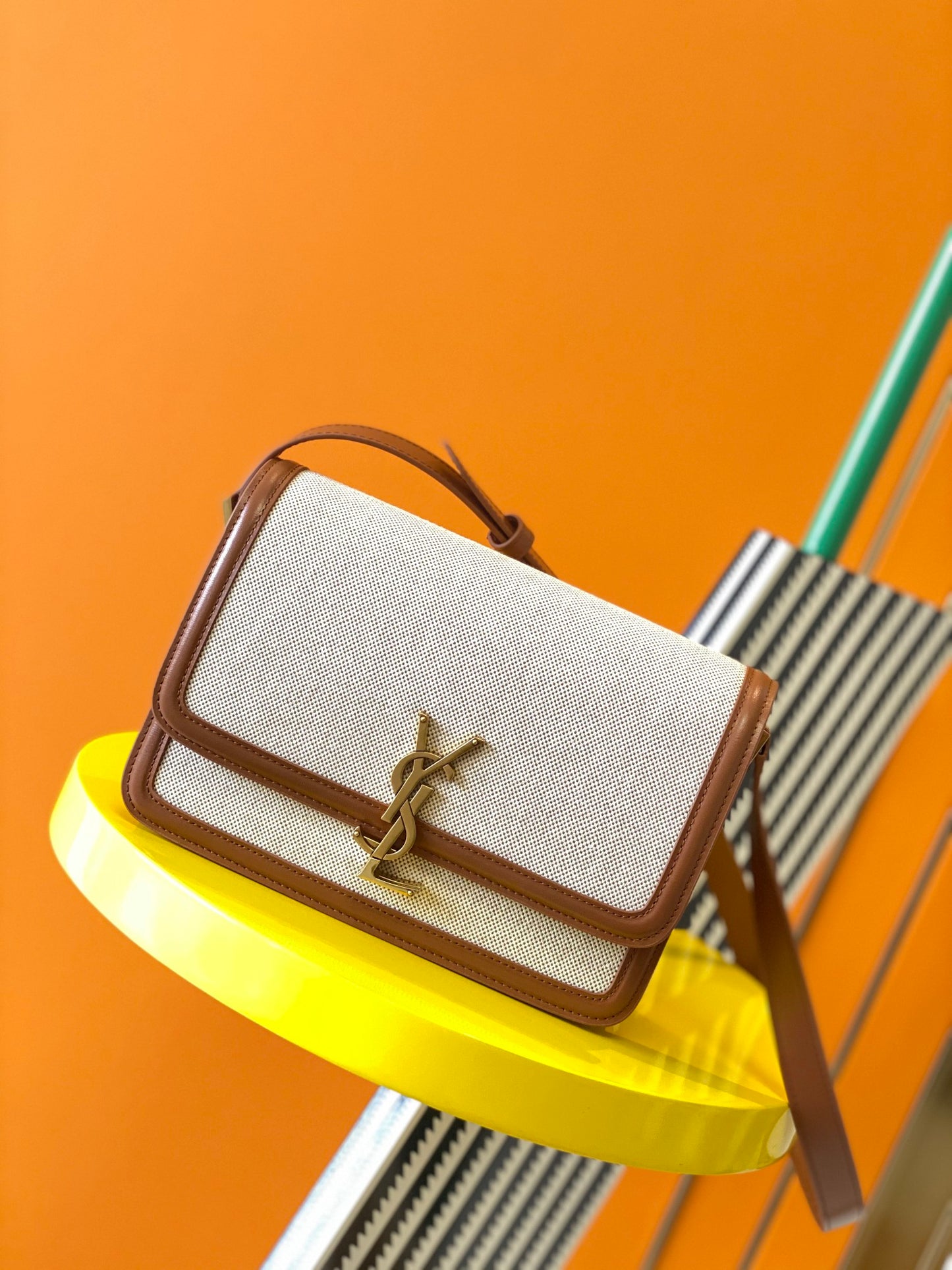 Bolso Solferino Mediano De Lona y Piel Beige/Marrón