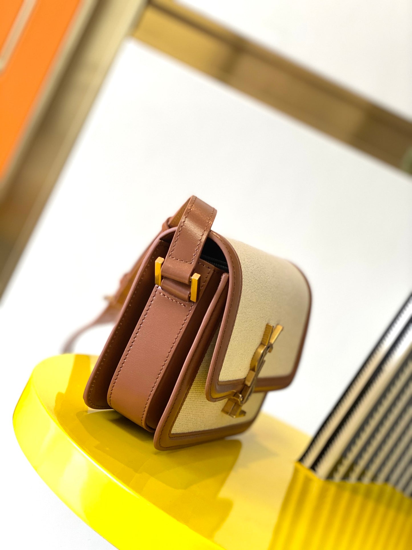Bolso Solferino Mediano De Lona y Piel Beige/Marrón