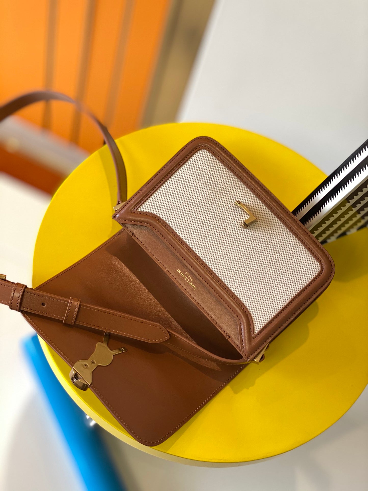 Bolso Solferino Mediano De Lona y Piel Beige/Marrón