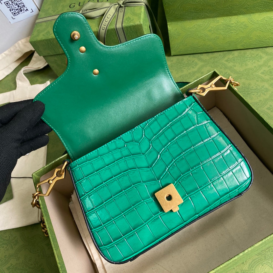 Minibolso GG Marmont con asa de cocodrilo Verde