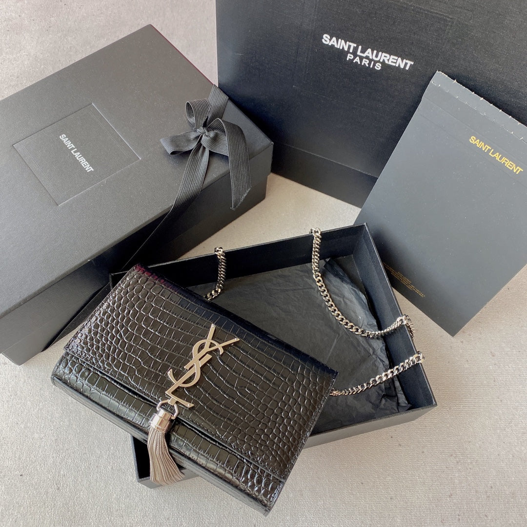 Bolso Kate Small Cocodrilo Negro/Plata