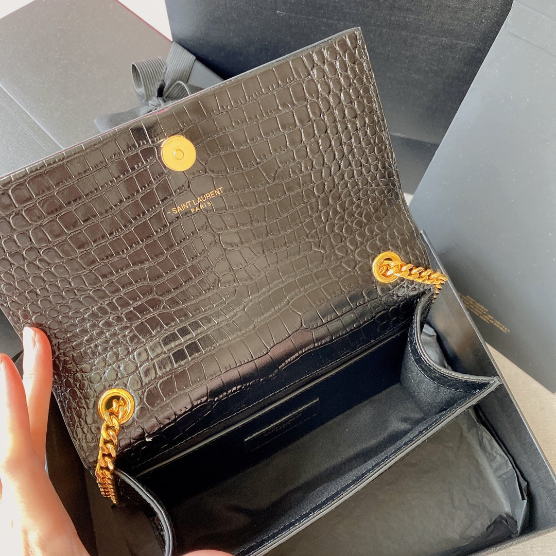 Bolso Kate Small Cocodrilo Negro/Dorado