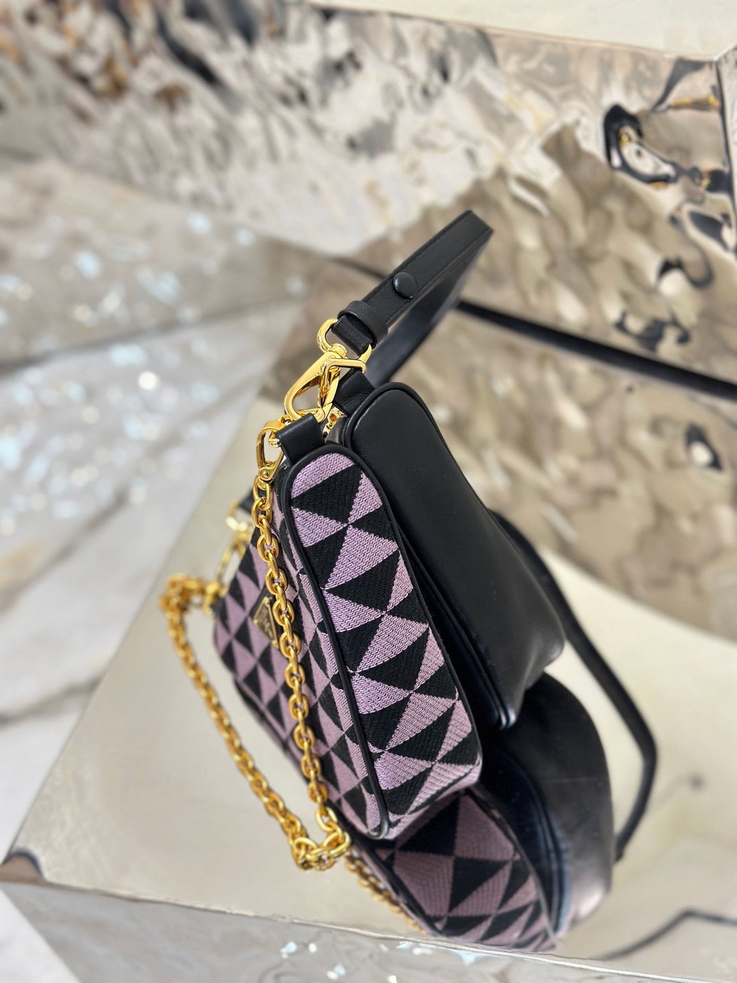 Bolso Prada Symbole de piel y tela Alabastro/Negro