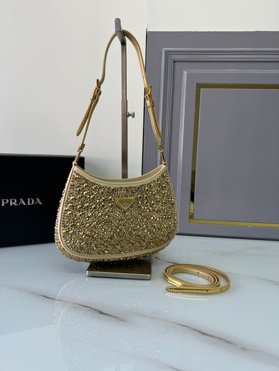 Bolso de satén Prada Cleo con cristales Dorado